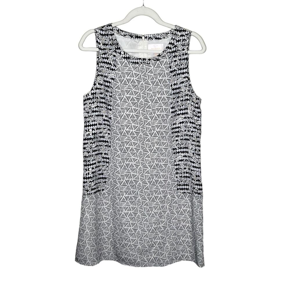 Skies Are Blue Womens Shift Dress Size Medium Ivory with Black Print Fully Lined